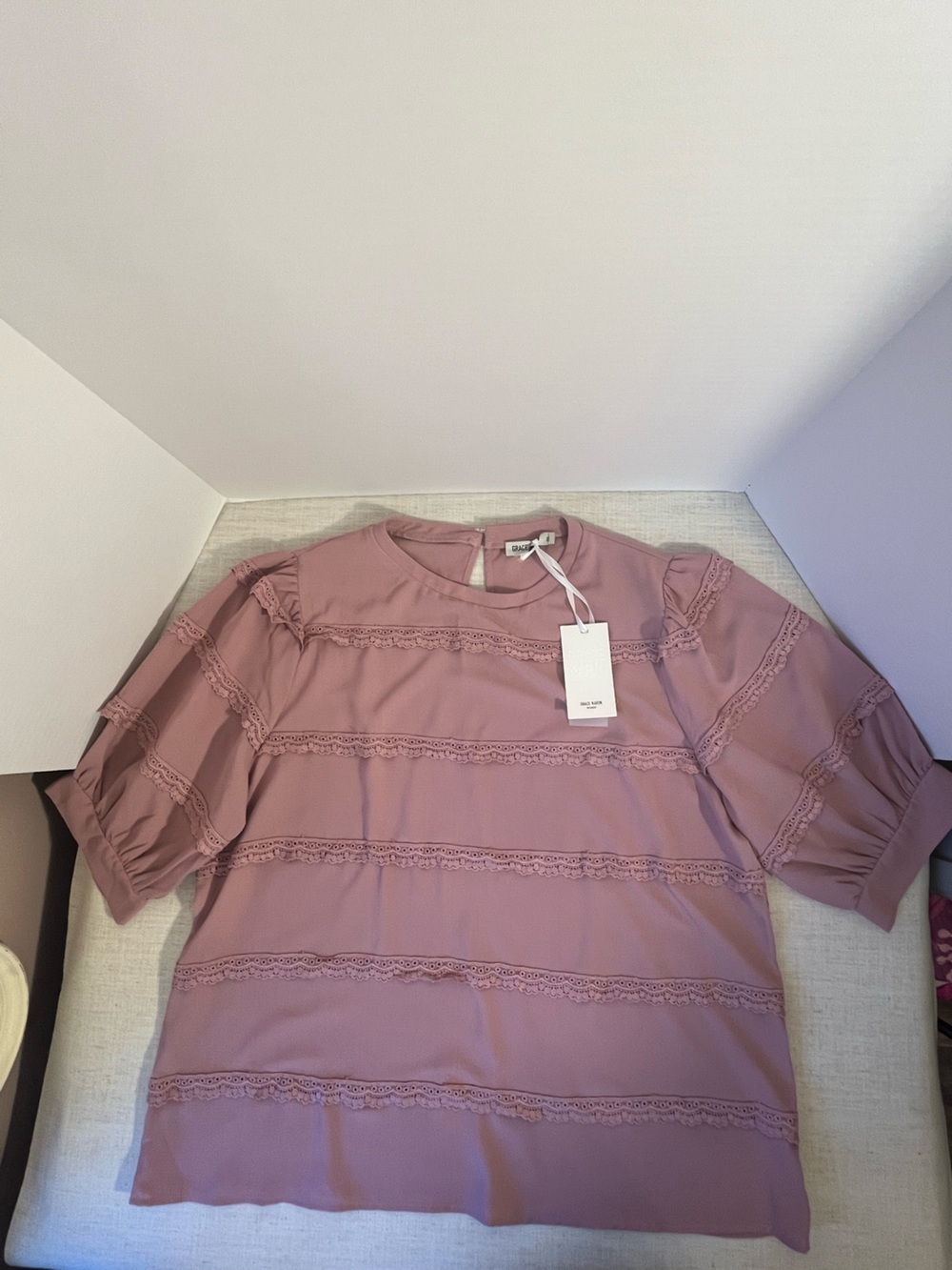 Grace Karin Dusty Mauve Lace-Trim Blouse